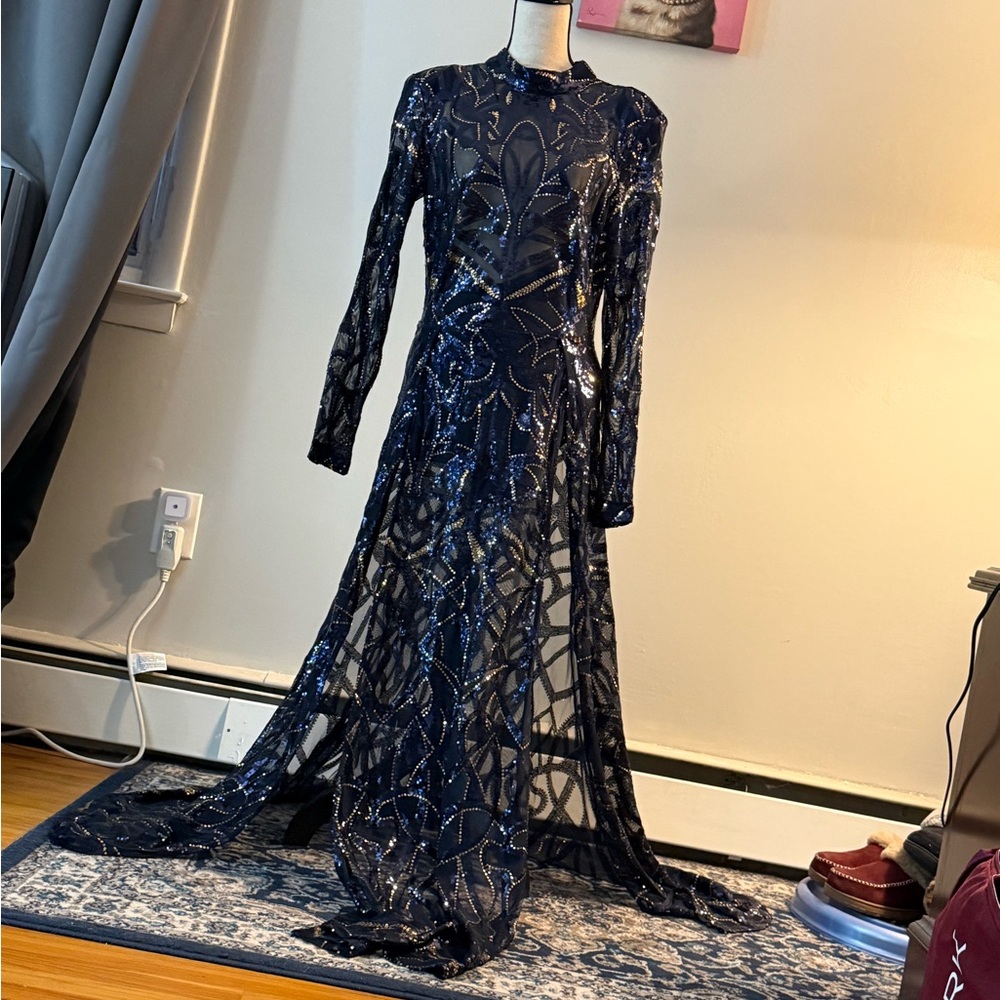 Fashion Nova Navy Sequin Long Sleeve Dress